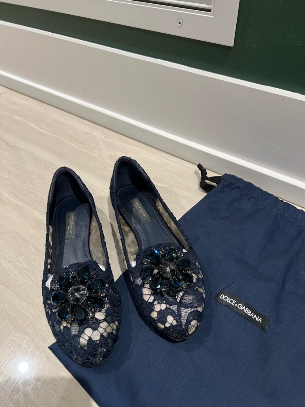 Dolce & Gabbana Navy Lace Flats with Crystal Flower Appliqué